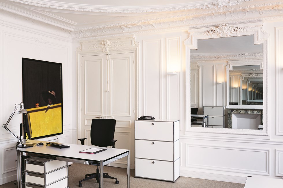 USM Haller private office furniture with white desk and storage cabinet