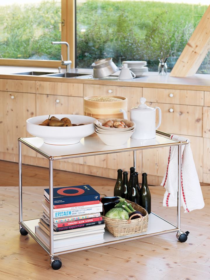White mobile USM Haller catering trolley with handle