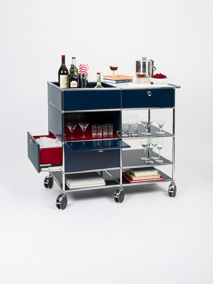 Designer USM Haller bar trolley with ice drawer in blue