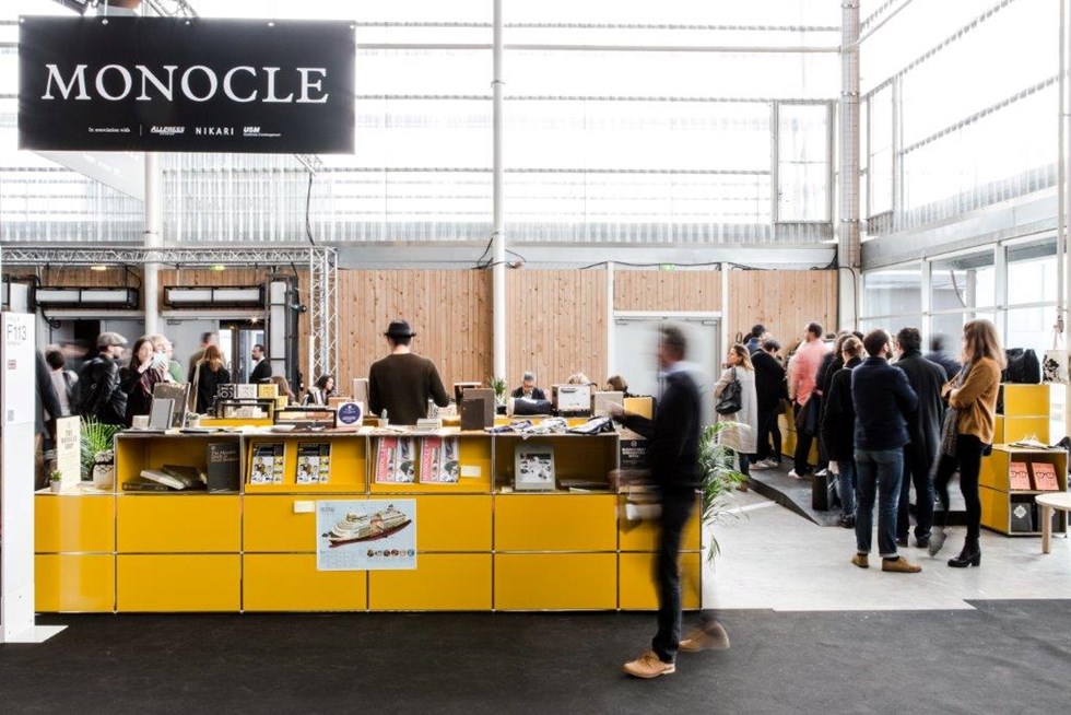 Monocle x USM golden yellow retail pop-up cafe with storage