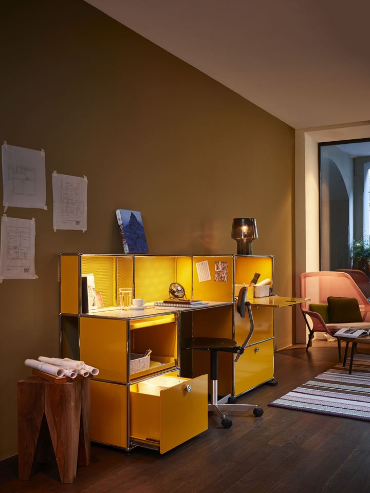 yellow USM Haller home office desk with haller e